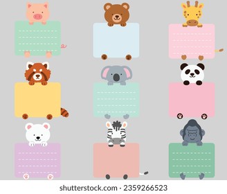 Set of flat colored cute and simple animals holding a rectangle note cards with hind legs