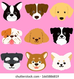 Set of flat colored dog face illustrations 