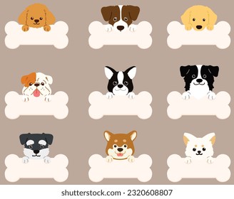 Set of flat colored dog face illustrations with paws holding a bone