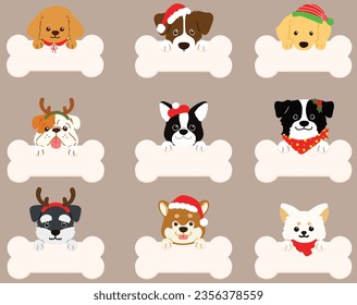 Set of flat colored dog face Christmas illustrations with paws holding a bone