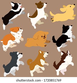 Set of flat colored dogs jumping and playing illustrations