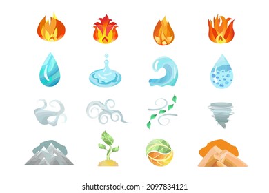 Set of flat colored icons with four natural elements and symbols like fire, water, wind and earth in different forms and shapes. 