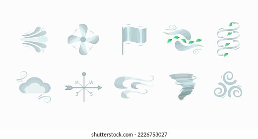 Set of flat and colored icons with natural elements and symbols of wind in different forms and shapes