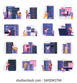 Set of flat colored icons with system administrators at work isolated on white background vector illustration