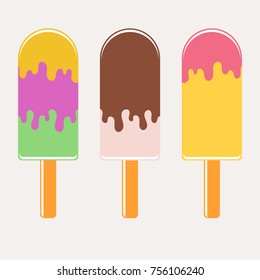 Set of flat colored insulated Popsicle drizzled with glaze. On wooden sticks. On a white background.