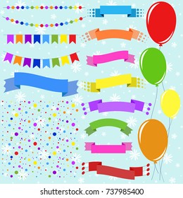 Set of flat colored isolated balloons on ropes and garlands of flags. A set of ribbons of banners of different shapes. Background in the form of confetti.