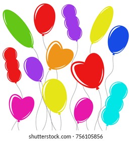 Set of flat colored isolated balloons on the clothesline. Simple drawing on a white background