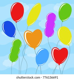 Set of flat colored isolated balloons of different shapes on a blue background . Simple flat vector illustration. Suitable for design, advertising, holidays, cards.
