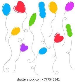 Set of flat colored isolated balloons of different shapes on a white background. Simple flat vector illustration. Suitable for design, advertising, holidays, cards.