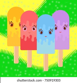 Set of flat colored isolated cartoon ice-cream, drizzled with orange glaze, pink, blue, purple. On wooden sticks. Illustration on an abstract yellow-green background with spots.