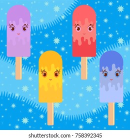 Set of flat colored isolated cartoon ice-cream, drizzled with glaze blue, purple, yellow, pink. On wooden sticks. Abstract frosty background