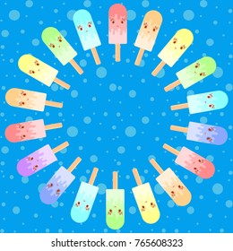 Set of flat colored isolated cartoon ice-cream, drizzled with glaze. On wooden sticks. Appetizing color. a round wreath of food on blue background