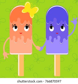 Set of flat colored isolated cartoon kid ice cream sprinkled with glaze orange and blue. On a green background with silhouettes of butterflies