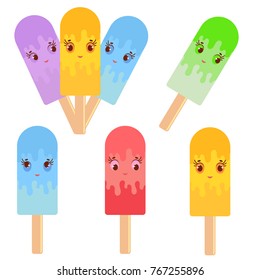 Set of flat colored isolated cartoon ice-cream, drizzled with glaze. On wooden sticks. Appetizing color. On a white background.