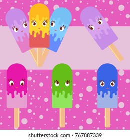 Set of flat colored isolated cartoon ice-cream, drizzled with glaze. On wooden sticks. Appetizing color. On a pink background.