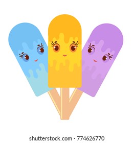 Set of flat colored isolated cartoon ice-cream, drizzled with glaze blue, yellow, purple. On wooden sticks. On a white background.