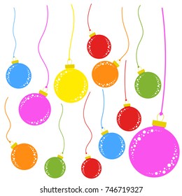 set of flat colored isolated Christmas tree toys balls on the ropes. Simple style.