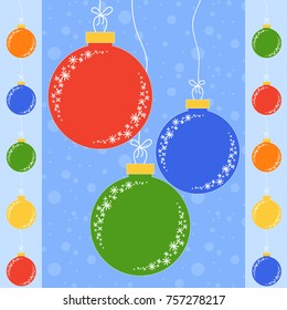 set of flat colored isolated Christmas tree toys balls on the ropes. Simple style.