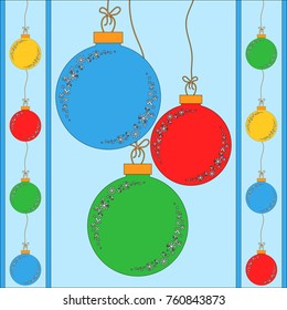 set of flat colored isolated Christmas tree toys balls on the ropes. Simple style.