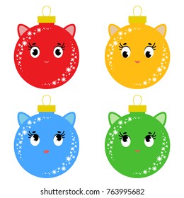 Set of flat colored isolated Christmas balls in the shape of balls. Cartoons cats. Simple design on a white background