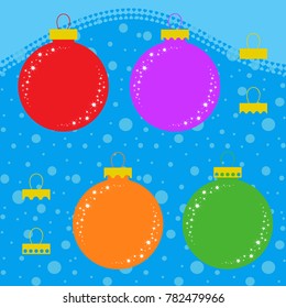 Set of flat colored isolated Christmas tree toys in the form of balls with different mountings. Simple design for decoration. On a blue background.