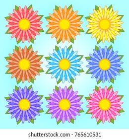 Set of flat colored isolated flowers. Vector illustration. Suitable for design.