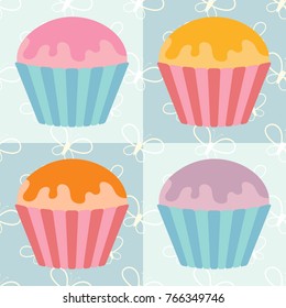 A set of flat colored isolated pastries with glaze of various colors. In striped baskets. On a blue background with abstract silhouettes of butterflies.