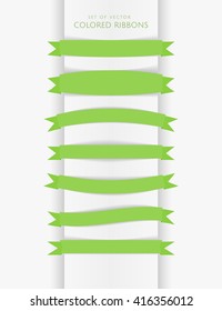 Set of flat colored ribbons. Modern flat icons in stylish colors.  Green ribbons for Web and Mobile Application or banners , with place for your text. Vector illustration.