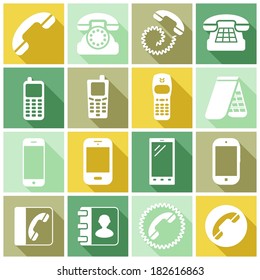 Set of flat colored simple icons (phone, telephone, communication), vector illustration