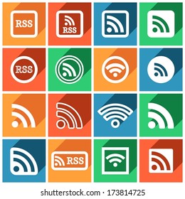 Set of flat colored simple rss icons, vector illustration