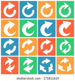 Set of flat colored simple web icons (repeat, refresh, reload, redo, arrows), vector illustration