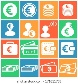 Set of flat colored simple web icons (euro sign, money, finance, banking), vector illustration