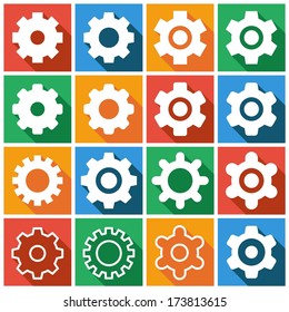 Set of flat colored simple web icons (settings, gears, options, preferences), vector illustration