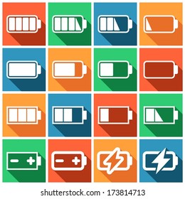 Set of flat colored simple web icons (charge level indicators, batteries, accumulators ), vector illustration