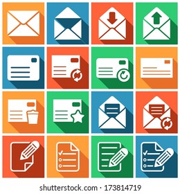 Set of flat colored simple web icons (letter, mailing, communication), vector illustration