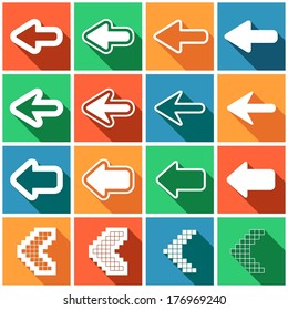 Set of flat colored simple web icons (left arrows, backwards, back), vector illustration