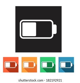 Set of flat colored simple web icons (charge level indicators, low battery, accumulator), vector illustration