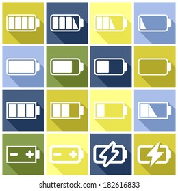 Set of flat colored simple web icons (charge level indicators, batteries, accumulators ), vector illustration