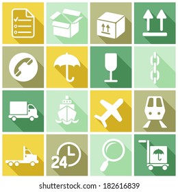 Set of flat colored simple web icons (logistics, freight, trucking industry, delivery), vector illustration