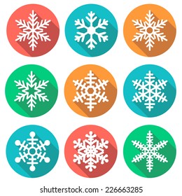 Set of flat colored simple winter snowflakes. Vector illustration.