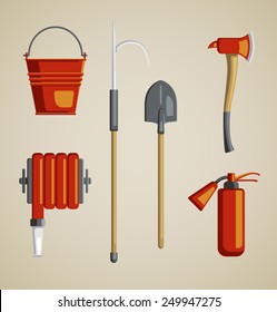 Set flat colored vector icons on light sandy background. Instrument, equipment or volunteer fireman. Fridge magnet, T-shirt printing, set for collage, illustration for children's books.