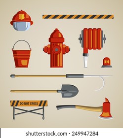 Set flat colored vector icons on light sandy background. Instrument, equipment or volunteer fireman. Fridge magnet, T-shirt printing, set for collage, illustration for children's books.