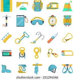 Set Of Flat Colored Vector Icons For Equipment And Outfit For Rock Climbing, Alpinism, Mountaineering On White Background For Your Site.