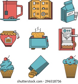 Set of flat colored vector icons for cafe menu with beverage and bakery menu on white background.
