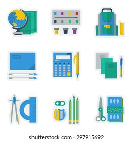 Set of flat colored vector icons for school items. Pen, pencil, scissors, globe, book, protractor and other elements for website or mobile app