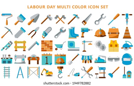 Set Flat colored vector labour or labor day icons linear design, Industry tool icon set. for modern concepts, web and apps. eps 10 ready convert to svg