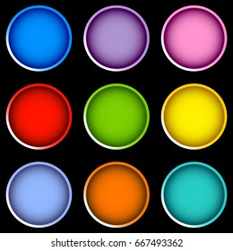 Set of flat colored vector round buttons isolated on black background. 