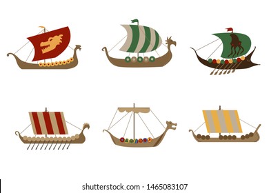 Set of flat colored viking ship vector illustration. Drakkar ships bundle.