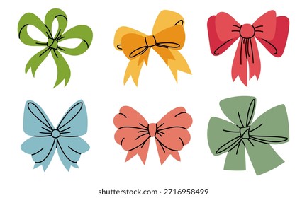 Set von flachen bunten Bögen mit Bändern und Konturen. Dekorative Geschenkkollektion für festliche Feiertagsgrußkarten, saisonale Geschenkverpackung oder Grafikdesign für Winterfeiern