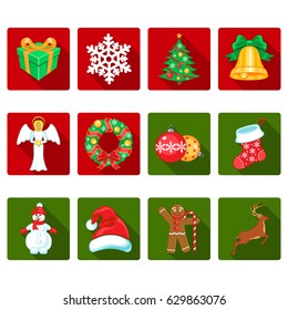 Set of flat colorful Christmas icons with long shadow